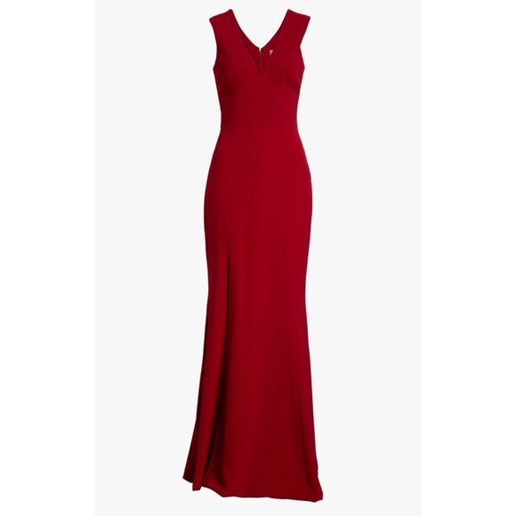 Dress the Population Sandra Gown Sz L Garnet Red Plunge Trumpet Wedding Evening - Picture 2 of 12